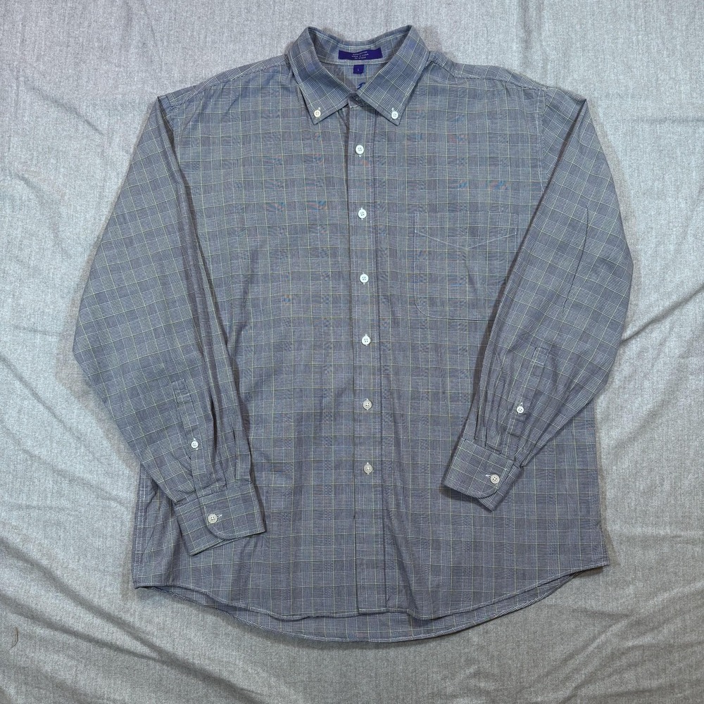 Alan Flusser Shirt Mens Large Gray Plaid Button Down‎ Long Sleeve Casual Classic
